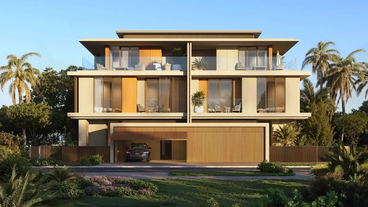 An attached Plus villa from the street, three storeys with a covered garage