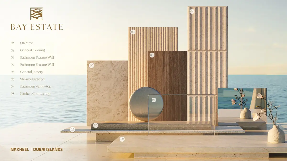 Nakheel's Bay Estate material board: stone flooring, fluted stone, timber joinery and stone counters