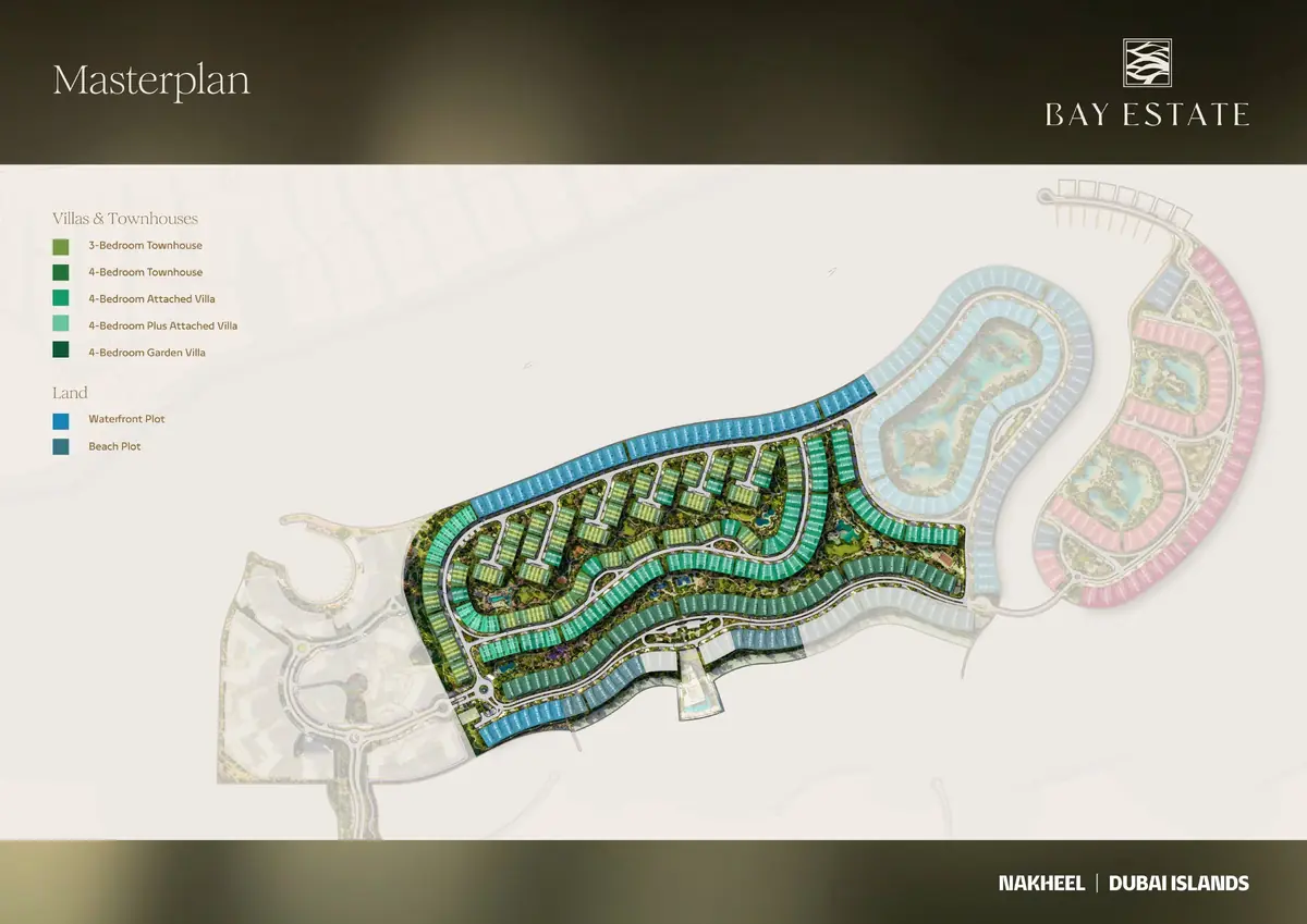 Bay Estate masterplan showing townhouses, attached villas, garden villas and the villa plots