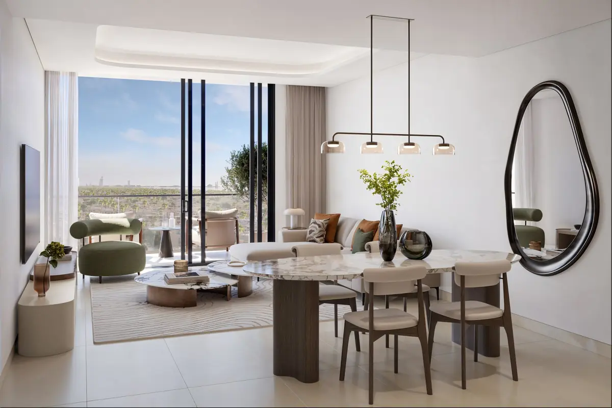 A 1-bedroom living and dining room with floor-to-ceiling windows