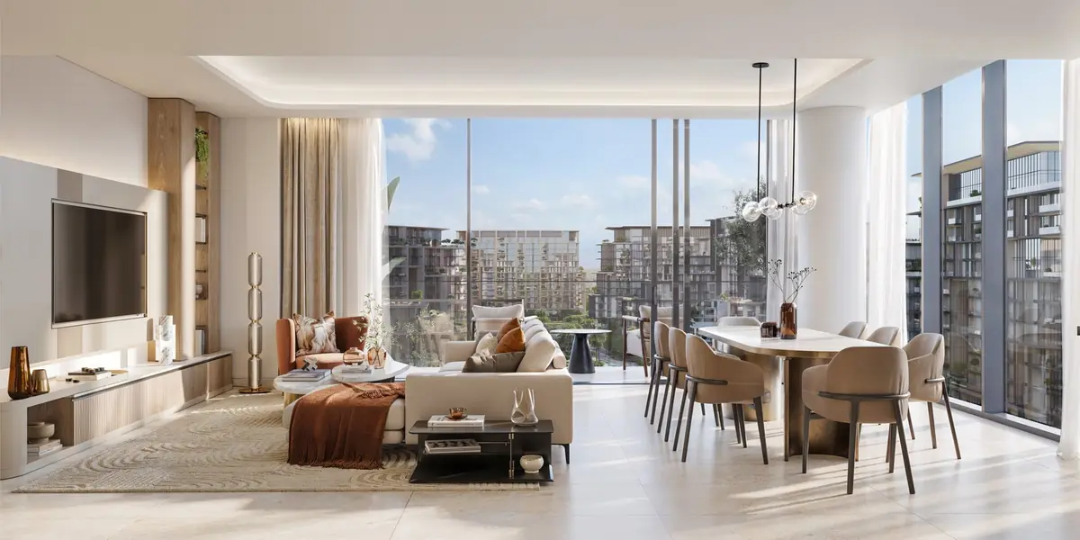 A living and dining room in a 2 to 3-bedroom apartment