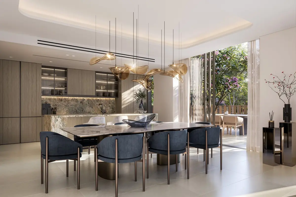 Duplex dining room and kitchen opening onto a garden terrace