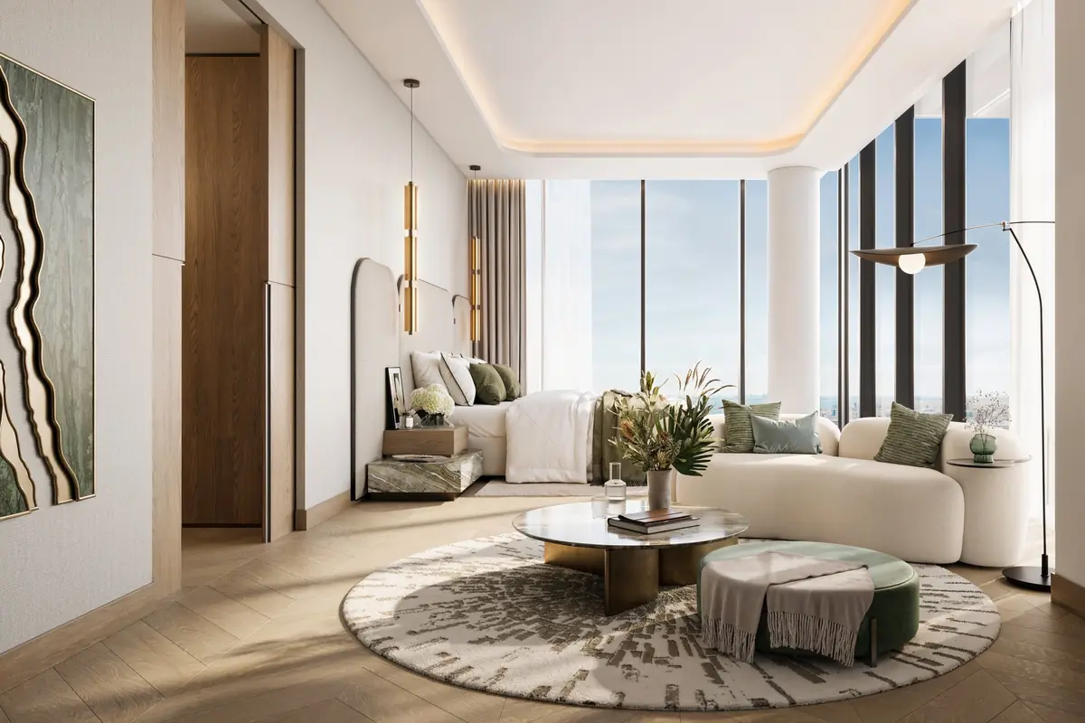 Penthouse living room with floor-to-ceiling windows