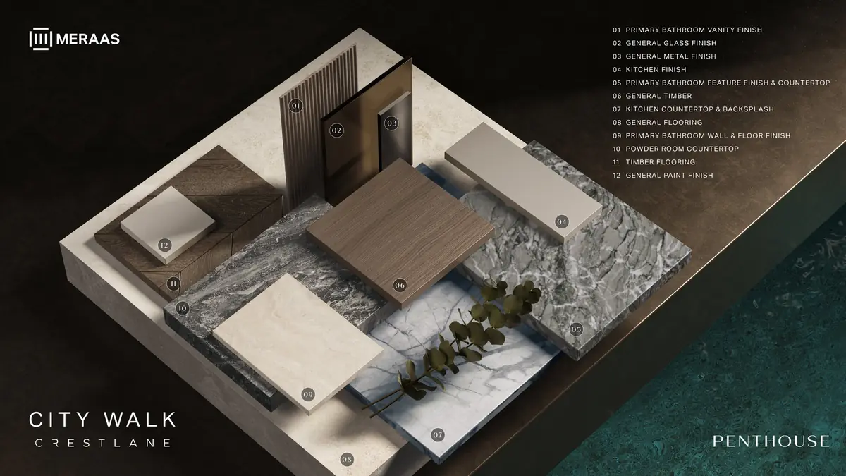 Material board for the Crestlane 1 penthouses