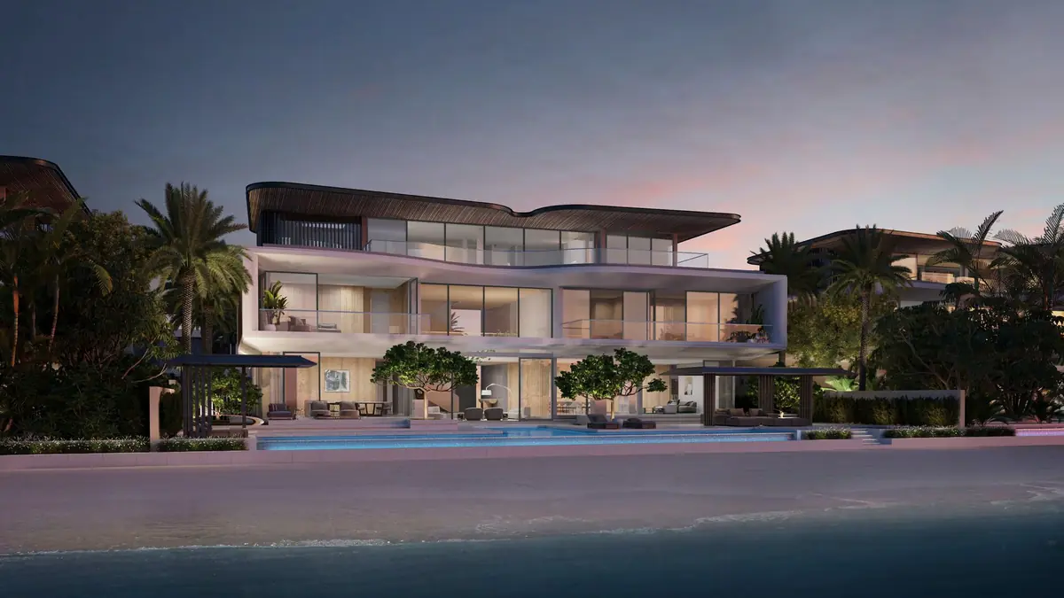 Villa Red Aurora from the beach at dusk
