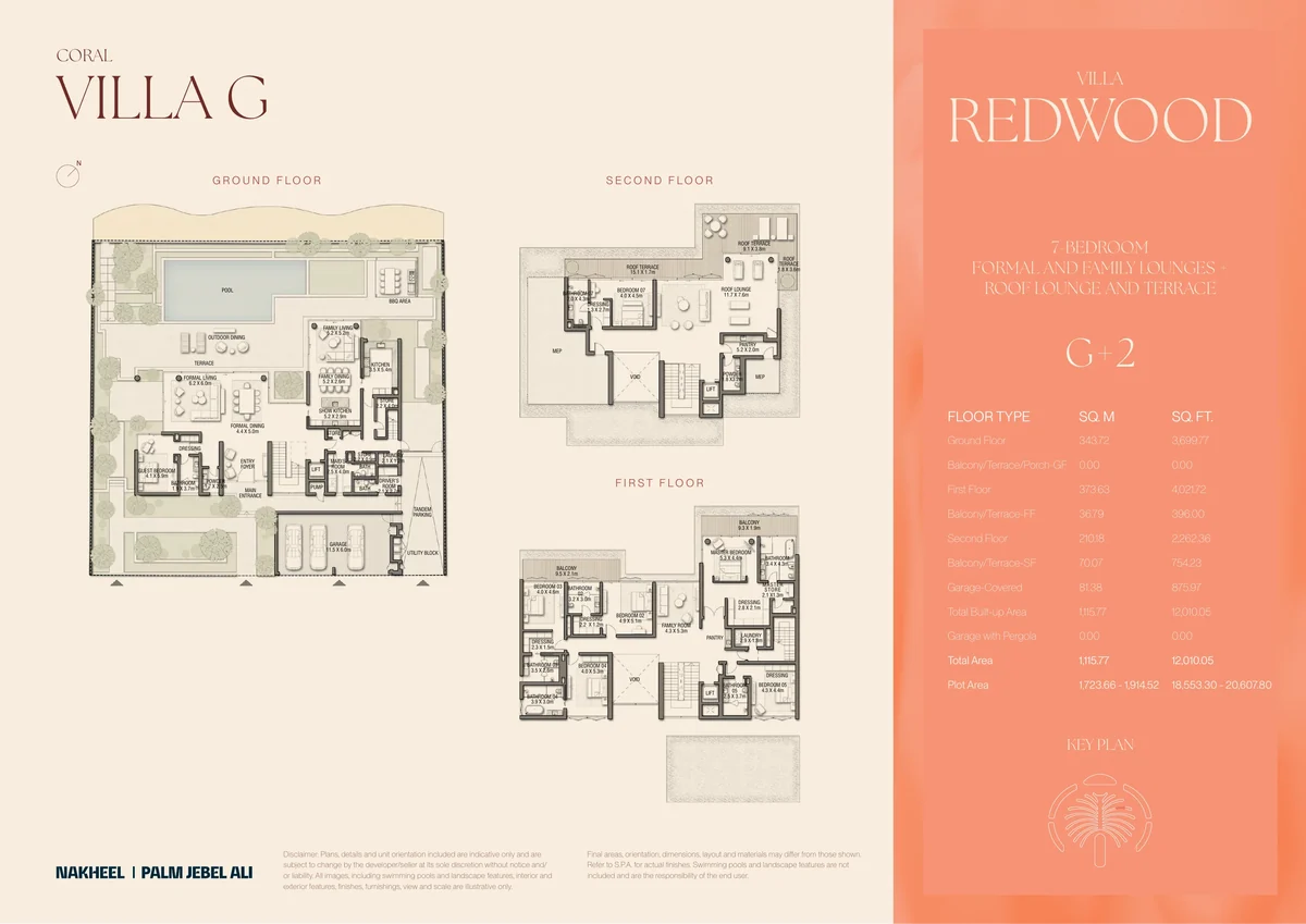 Villa Redwood (Coral Collection, Villa G) floor plan, all three floors