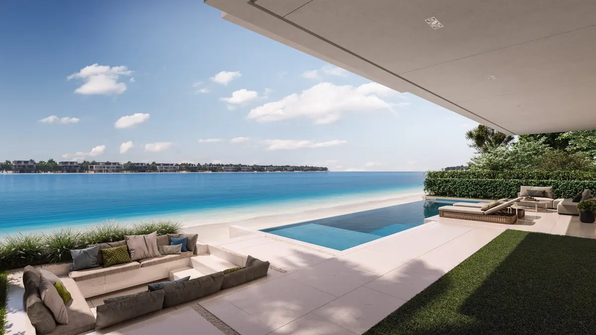 Villa Bluejay's sunken lounge and pool terrace facing the beach