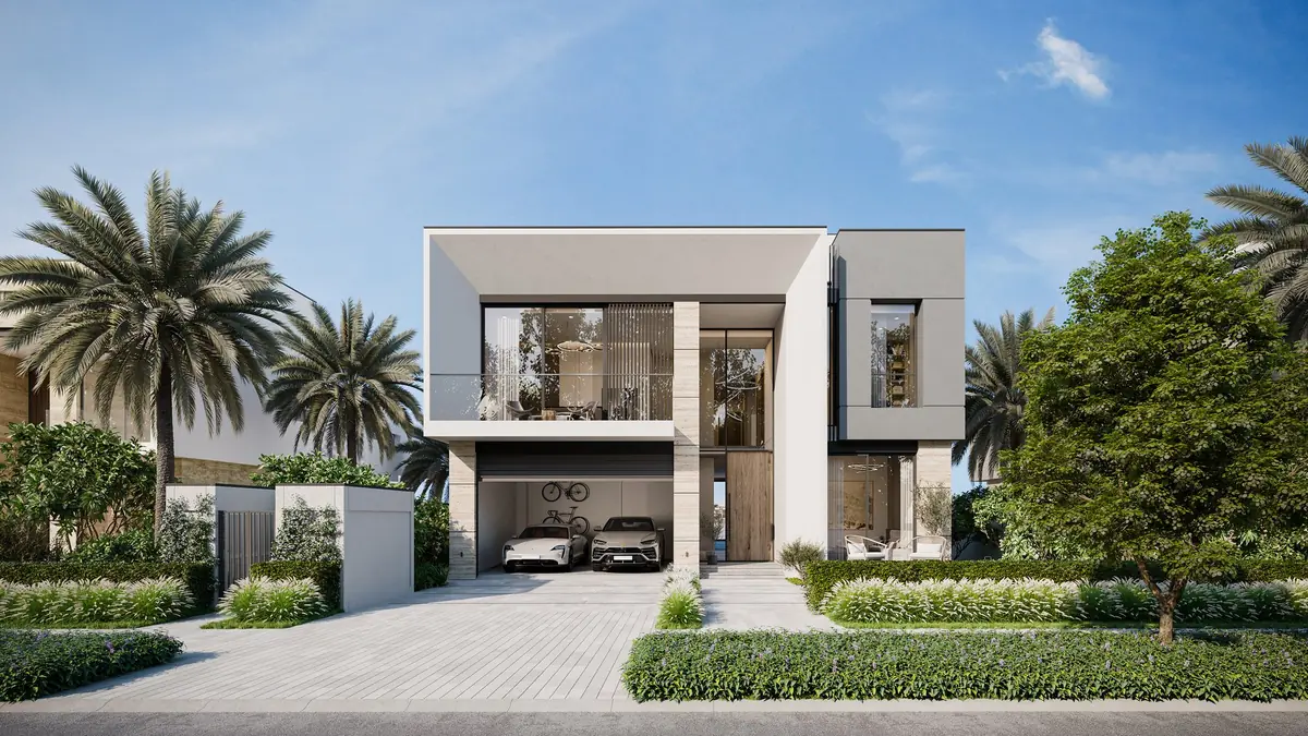 Villa Cyan Sky, street side with its show garage