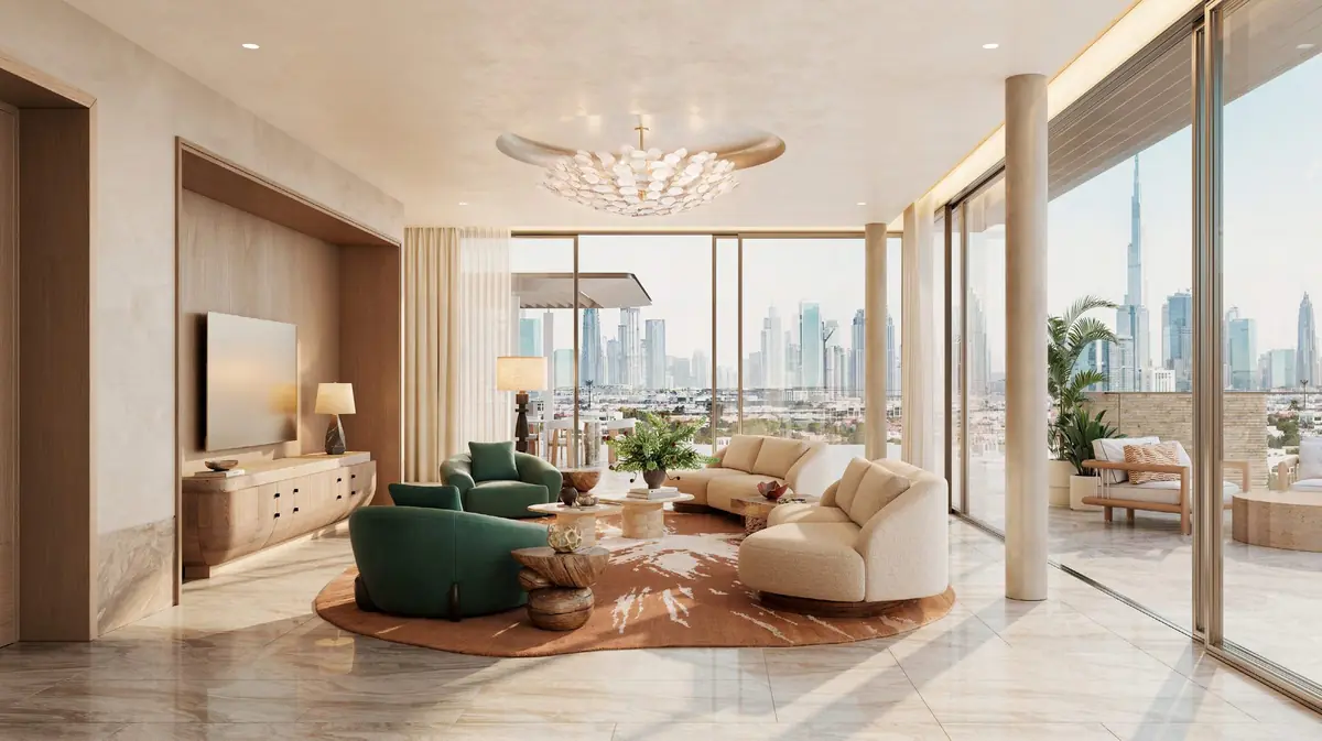 Penthouse living room with city skyline views