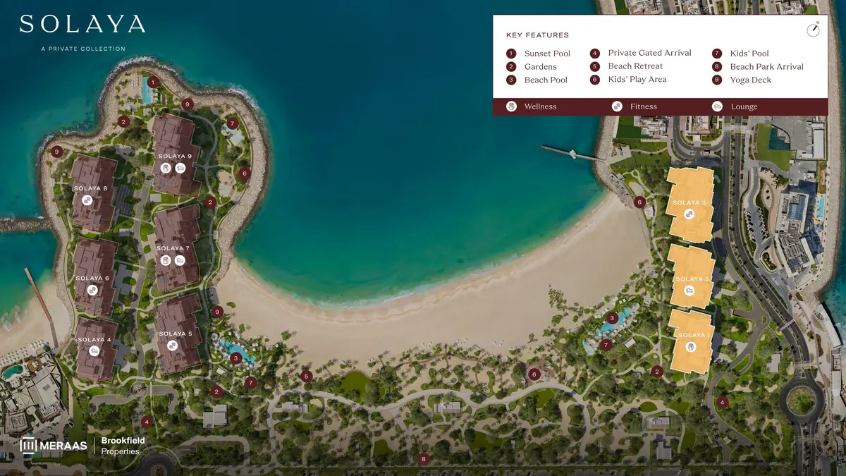 Solaya masterplan showing nine buildings, pools, gardens and the Beach Park