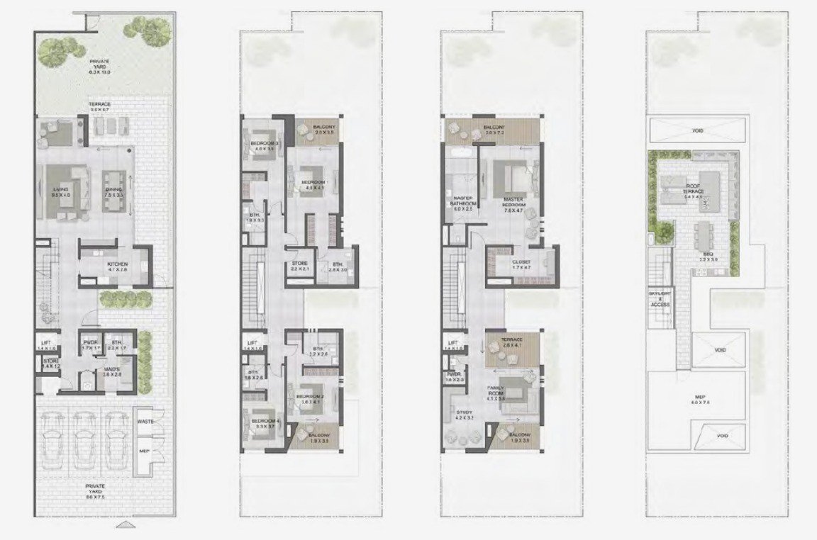 Floor plans of Villa Amalfi: ground, first, second and roof levels, left to right