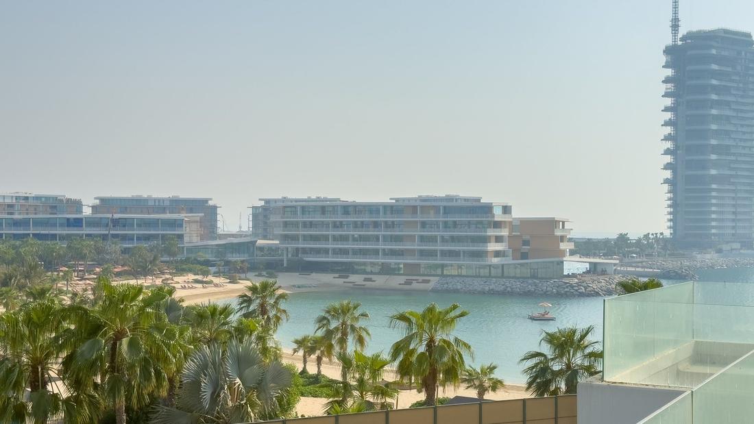 View from the villa over palm trees to the island's beach